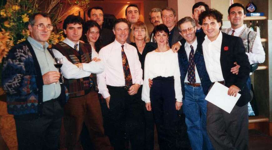 Luciano Sandrone (left) and the “Barolo Boys” assembled by Marc de Grazia (front right).