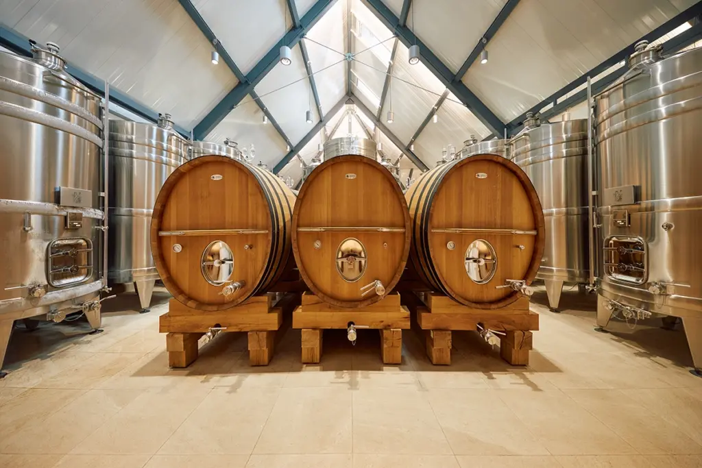 Hundred Hills winery barrels and stainless steel tanks.