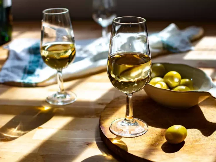 Two glasses of fino and manzanilla sherry and some olives