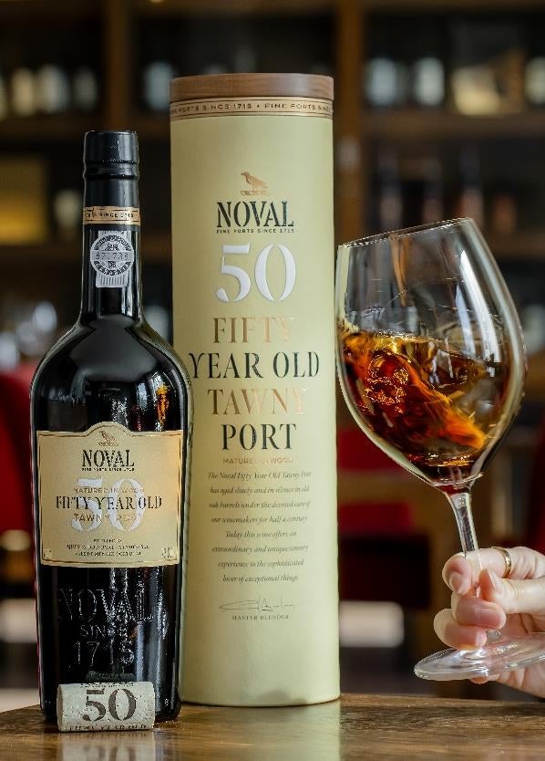 A bottle, box , and glass of Quinta do Noval 50 Year Old Tawny Port