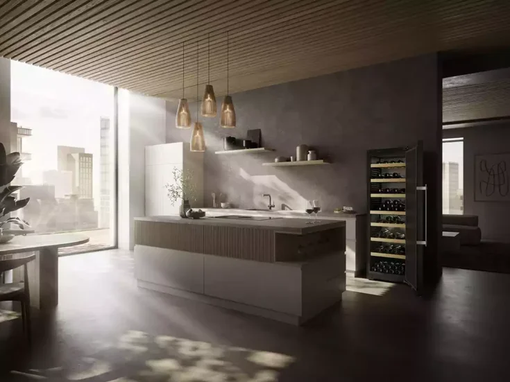 Vendor wine fridge in a kitchen with light pouring in