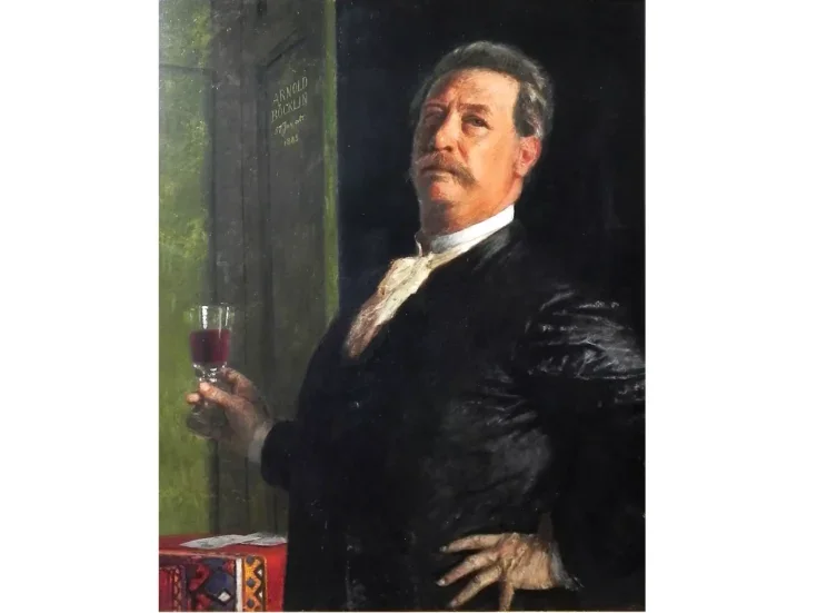 A self-portrait in oil paint of Arnold Bocklin, a middle-aged man with a droopy moustache in a black jacket and white tie holding a glass of wine