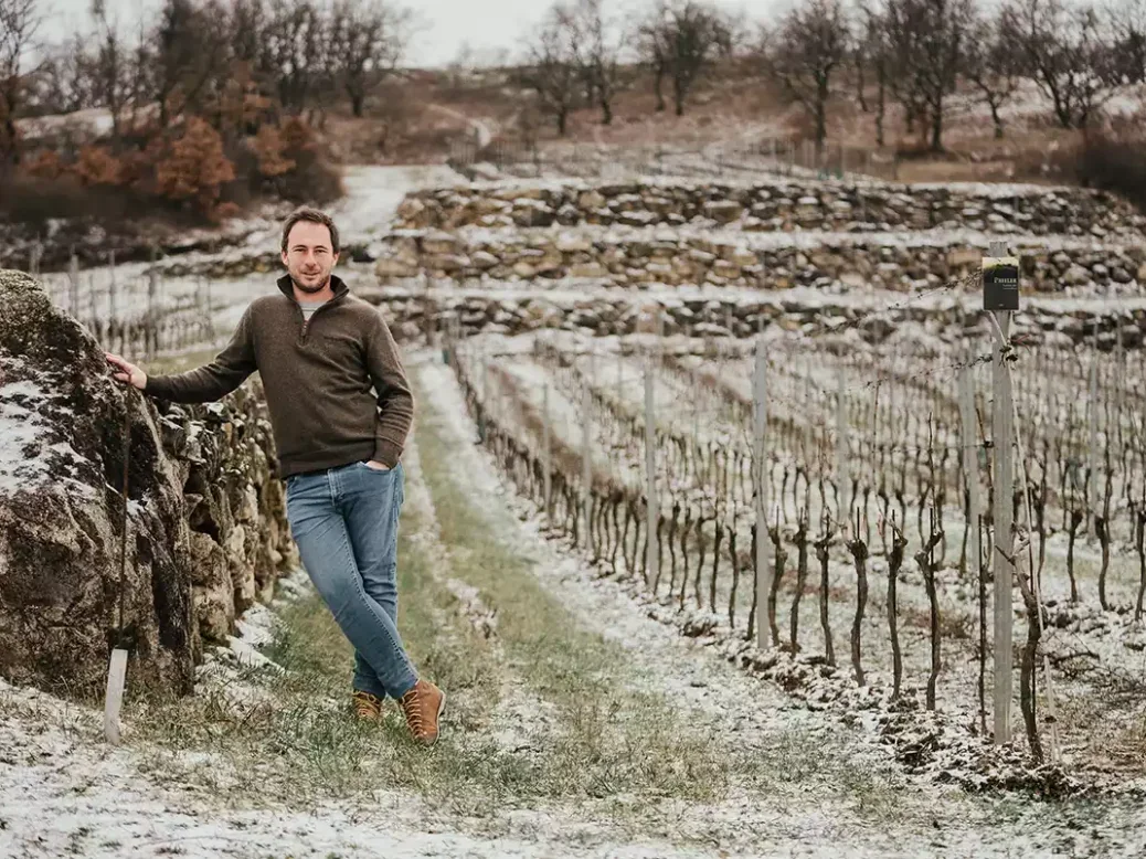 Georg Prieler standing not he left behind vines in a wintry scene with a light snowfall