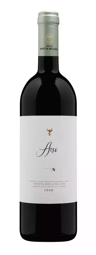 A bottle of Arso wine, with a white label with simple black text and a silver capsule