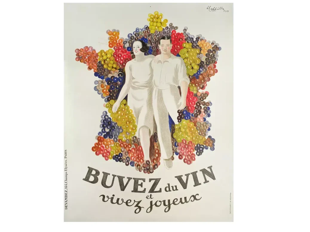 An illustration of man and a woman dressed in white surrounded by multiple bunches of grapes in different colours in the shape of a map of France above the words "Buvet du Vin, vivez jouyeuz"