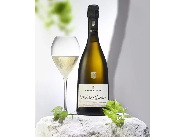 A bottle of Philipponnat Clos des Goisses Champagne with a Champagne flute on a piece of chalky stone with some vine leaves