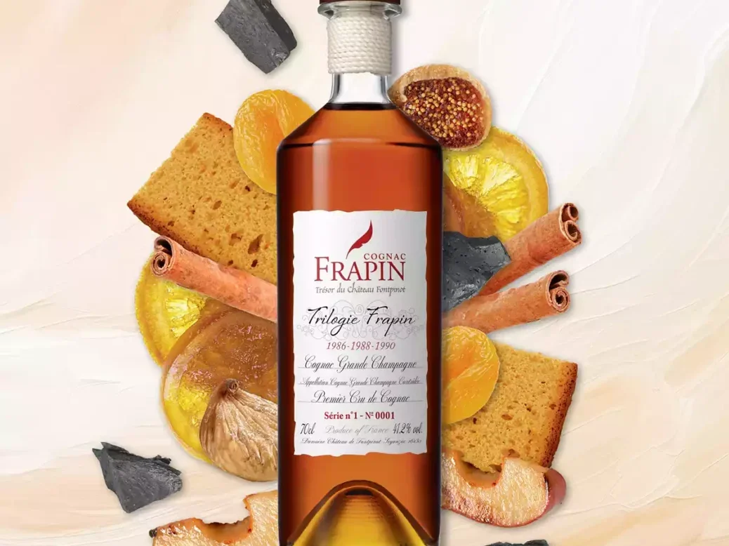 A bottle of Frapin Cognac against a montage of images of foods including cinnamon, toast, and citrus