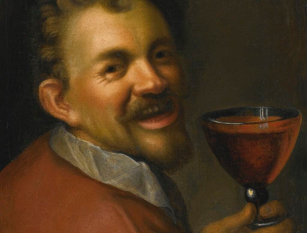 Hans von Aachen's Self-Portrait with a Glass of Wine – a man in a red tunic looking over his shoulder and smiling while holding a glass of wine