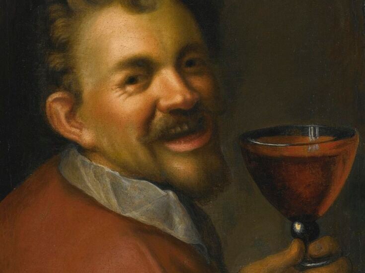 Hans von Aachen's Self-Portrait with a Glass of Wine – a man in a red tunic looking over his shoulder and smiling while holding a glass of wine