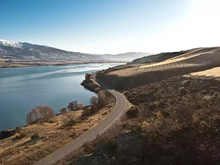 A spectacular view of Misha's vineyard by a lake in Central Otago, with a road running through it.