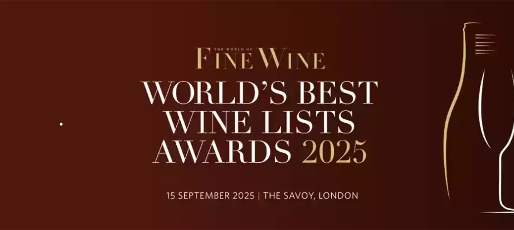 World's Best Wine Lists Awards 2025 logo with white text on a burgundy background and outlines in white lines of three bottles and a wine glass