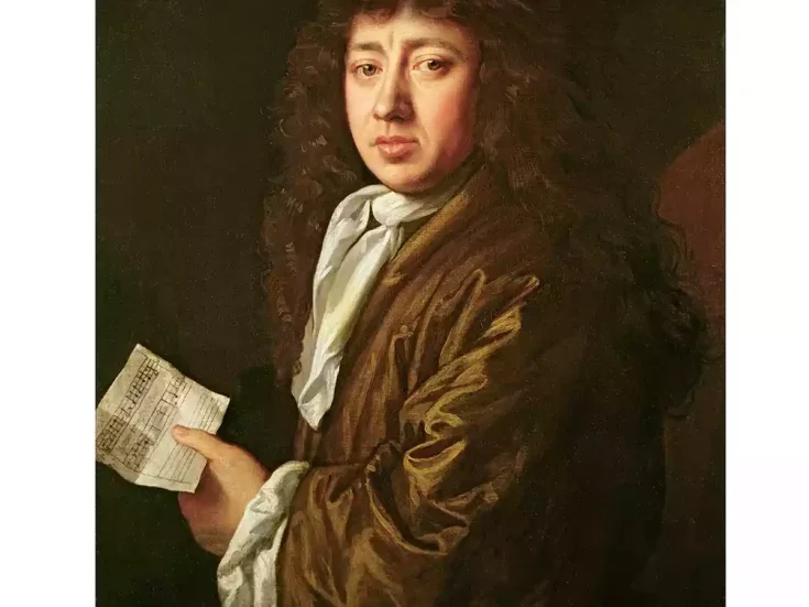 A painting of Samuel Pepys in brown robes, white shirt and long curly brown wig holding a piece of paper with a musical score