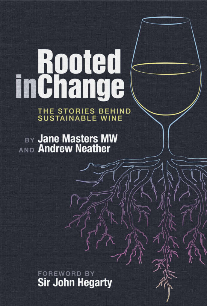 The cover of Rooted in Change, a black background with white type and an illustration in outline of a glass of wine with vine roots coming  out of its stem