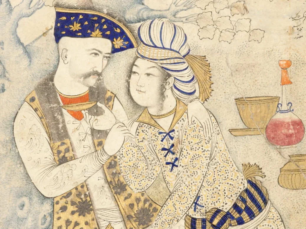 A painting of a near-eastern man and a possibly east asian woman featured on the cover of Vins d'Orient. She is holding a cup to his chin, a round-bottomed bottle of wine is pictured to the side