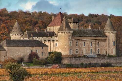 A large 17th-century château built of white stone surrounded by vines with autumnal yellow and orange leaves