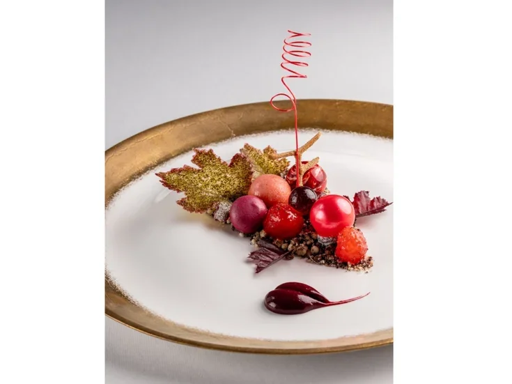 A complicated dessert with berries and olives from The Fat Duck