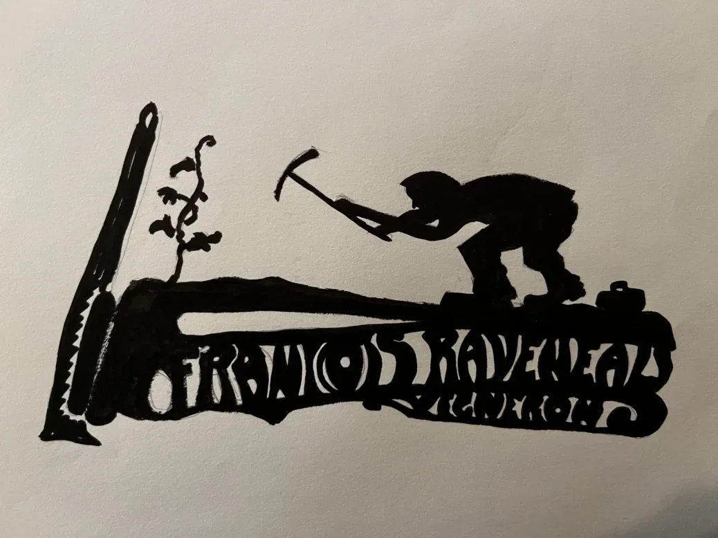 A silhouette of a man with a scythe standing on a sign saying François Raveneau.
