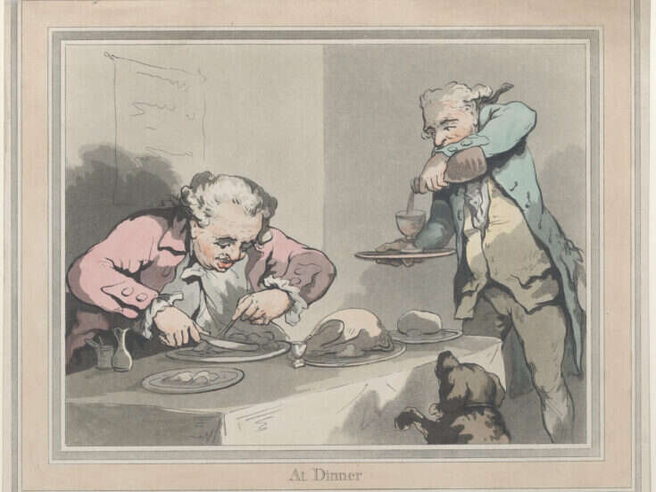 A 18th-century etching of a Georgian man in period costume (white wig, frock coat etc) eating dinner while another man pours the wine and a dog looks on