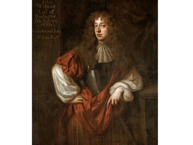 A painting of Lord Rochester with curly wig, silky red robes and silky white ruff