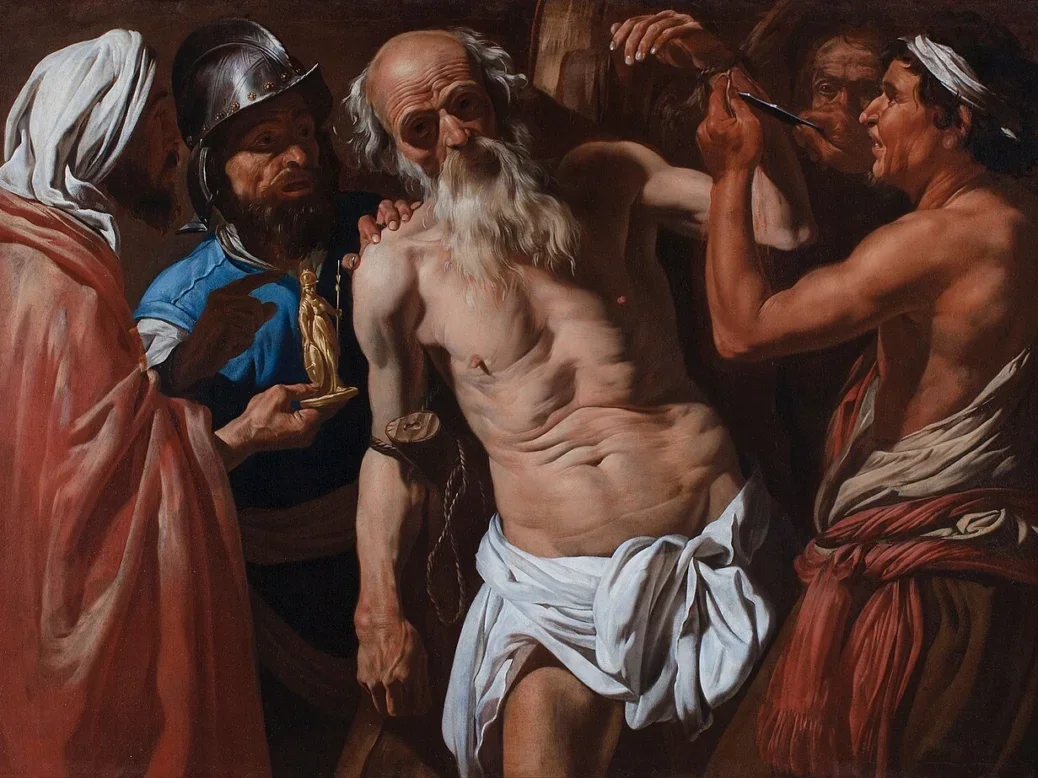 An oil painting of half-naked St Bartholomew in loin cloth with long white beard struggling as he is tied up in preparation for torture and death by soldiers.