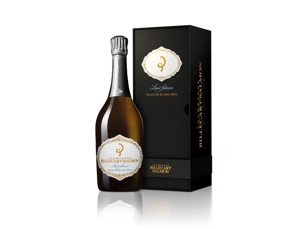 A bottle and box of 2013 Billecart-Salmon Cuvée Louis Salmon on a white background